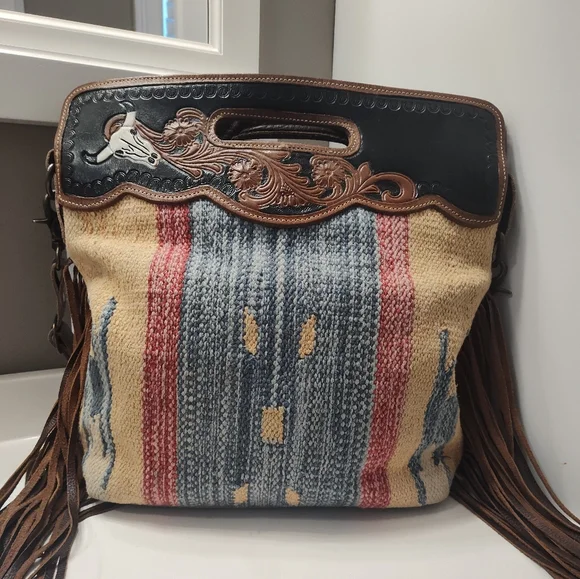 GUC Myra Bag Blue Stream Hand Tooled Fringe Crossbody Hand Carry Bag, Gorgeous - Picture 11 of 16